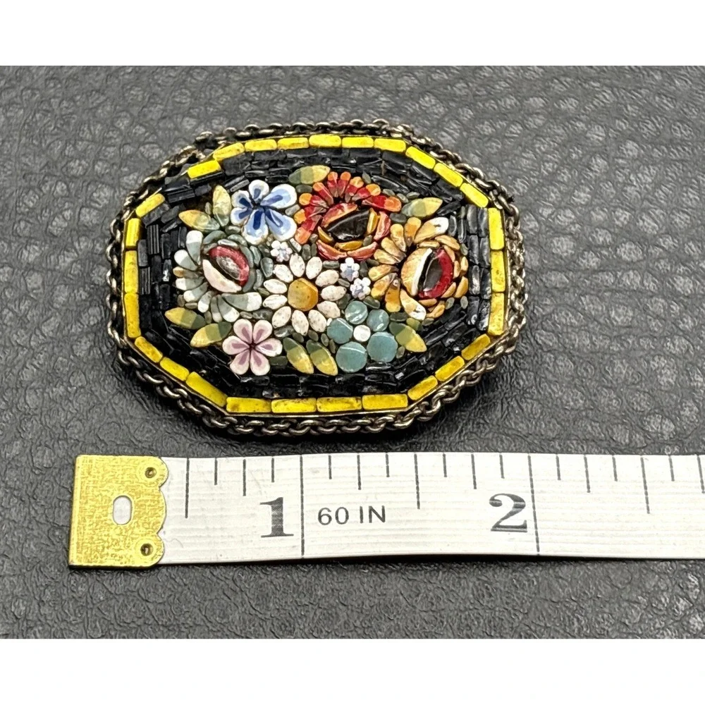Vintage Micro Mosaic Italian Italy Floral Brooch Yellow Red Black Pin READ